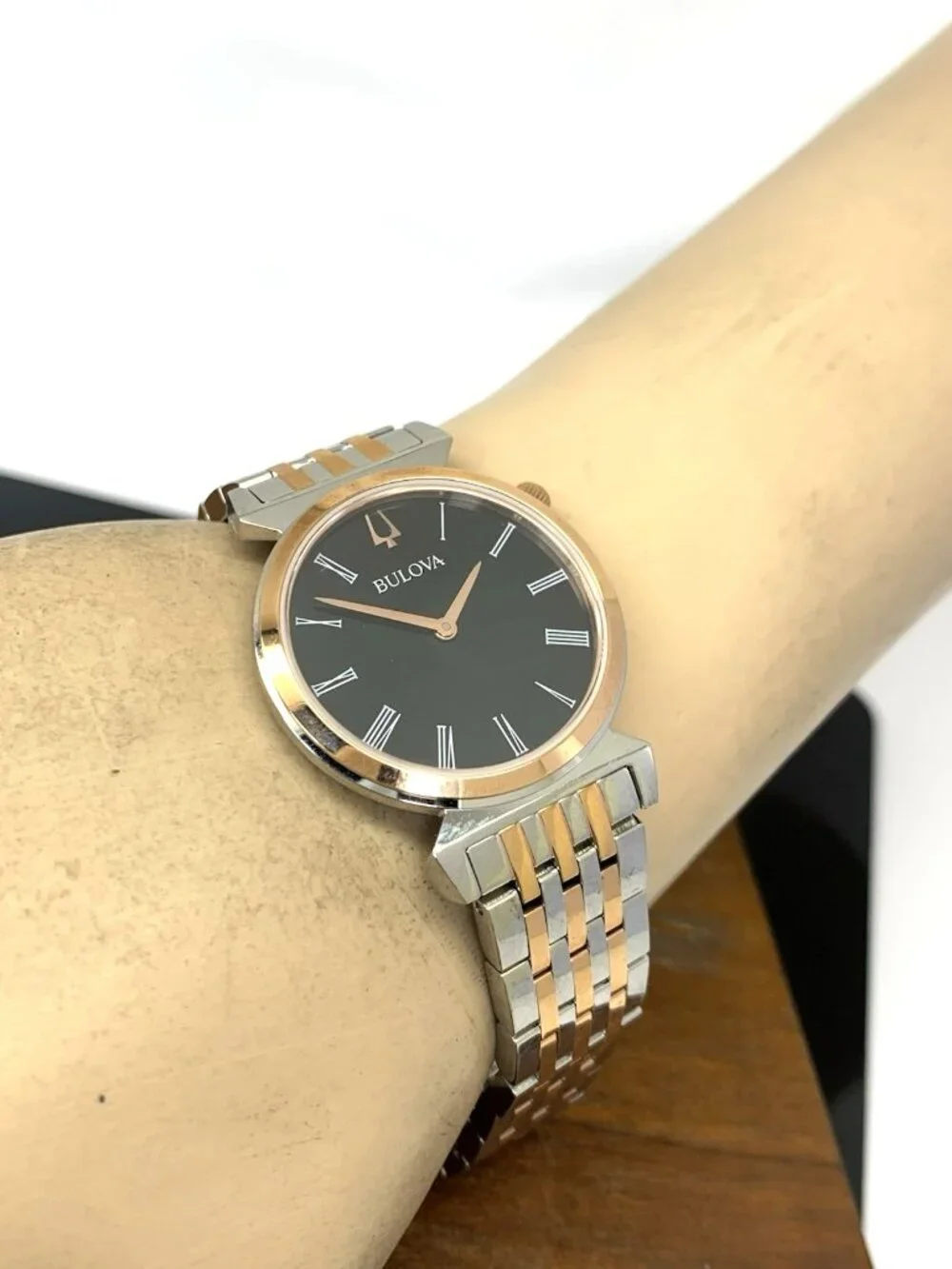 Bulova Women's Watch 98L265 Regatta Quartz Black Dial Rose Gold Silver Steel